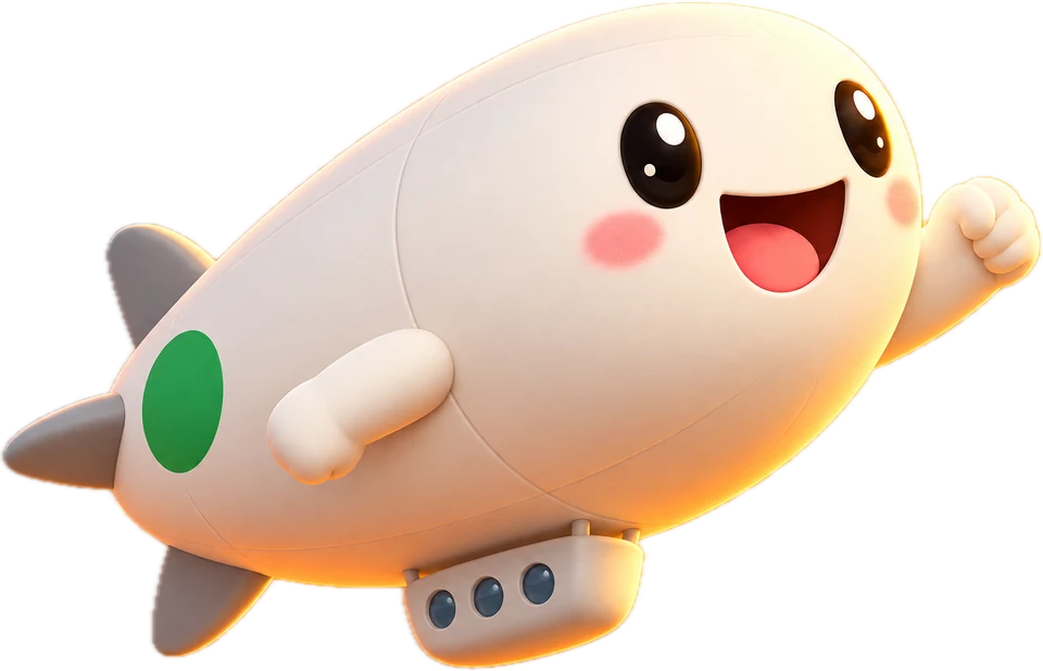 The Blimp mascot, a cheerful white blimp with a green dot near its tail